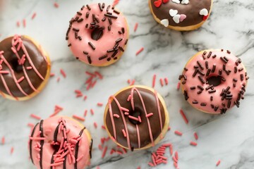 Top view of chocolate and pink donuts messily arranged on a marble surface