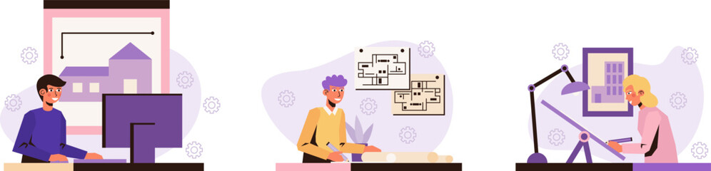 Man working on computer in architect program. Male and woman working on project, draw plan on paper. House design and layout concept. Flat vector illustration in purple colors