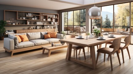 Fototapeta premium Interior design of modern scandinavian apartment, living room and dining room. Created with generative AI.