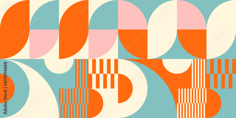 Fototapete Retro geometric aesthetics. Bauhaus and avant-garde inspired vector background with abstract simple shapes like circle, square, semi circle. Colorful pattern in nostalgic pastel colors.