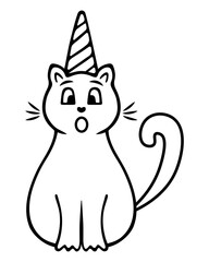 Cat in a festive cap. Sketch. Vector illustration. Surprised muzzle. Animal in a cap with a spiral pattern. Doodle style. Coloring book. The kitten is celebrating a birthday. 