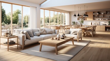 Fototapeta premium Interior design of modern scandinavian apartment, living room and dining room. Created with generative AI.