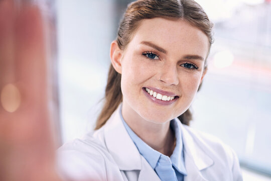 Happy woman, doctor and portrait in selfie for picture, memory or photo of doctor at hospital. Female person, medical or healthcare professional smile with teeth for vlog, dental care and wellness