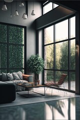modern living room with large window and wooden furniture, near grass field