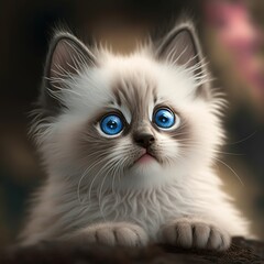 a small cat with bright blue eyes on a rock near a flower