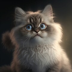 Naklejka na ściany i meble the fluffy grey and white cat with blue eyes sits next to a black backdrop
