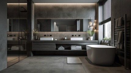 Fototapeta na wymiar bathroom corner with a tub and a make up shelf. A double sink near a gray wall