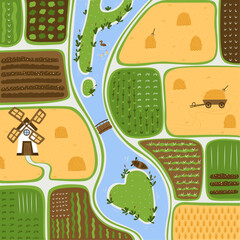 Illustration of a village in a flat style, harvesting, a mill stands on a field, countryside landscape, organic agriculture farming harvesting season concept flat
