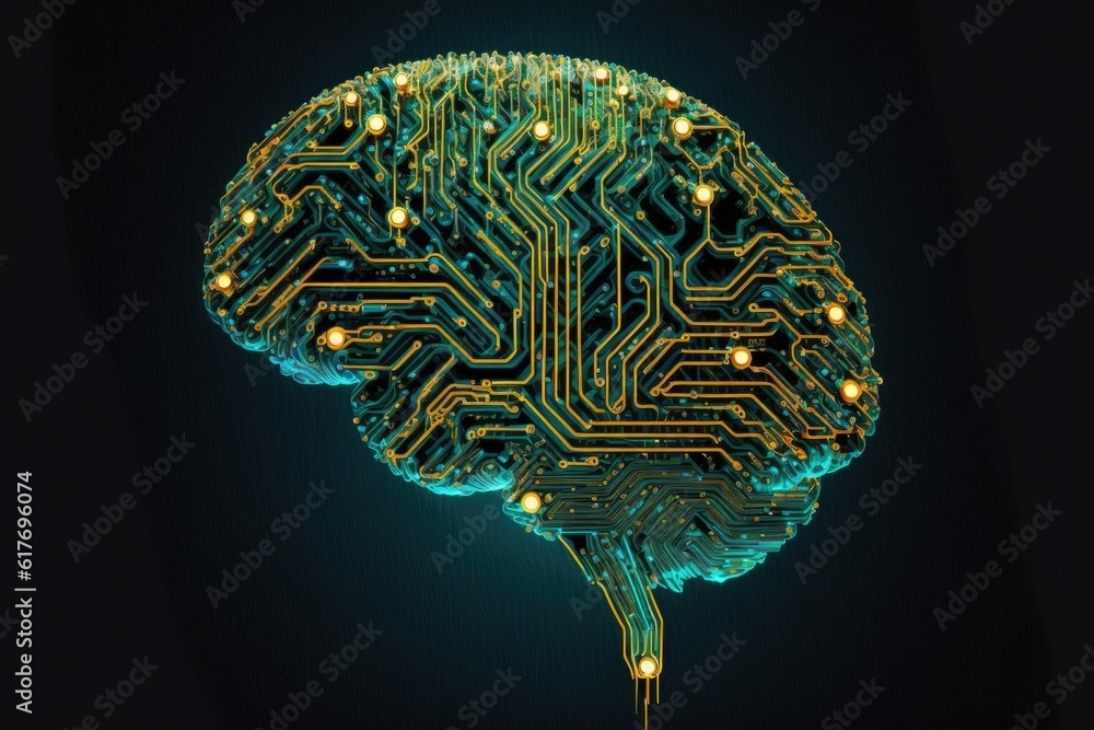 Poster a computer board with a circuit in the shape of a brain