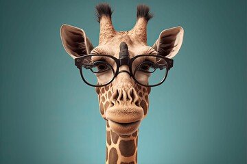 a giraffe wearing glasses on his face looking into the camera - obrazy, fototapety, plakaty