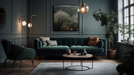 Home interior mock up with green sofa, table and decor in living room. - obrazy, fototapety, plakaty