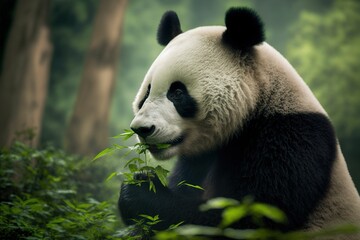 Obraz premium a panda eating a plant in the woods on a misty day