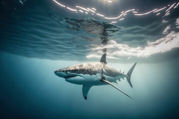 a large white shark in the ocean water next to the sun