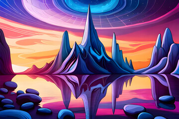 Sci-fi landscape with mountains and lake in the sky., vibrant fantasy painting, Vector illustration, abstract, generative ai
