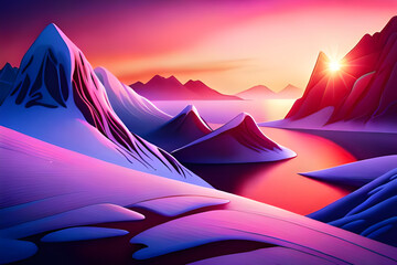 Fototapeta na wymiar Winter snow mountain landscape, Sunset over the mountains, tranquil and peaceful painting, 3D illustration, abstract, generative ai