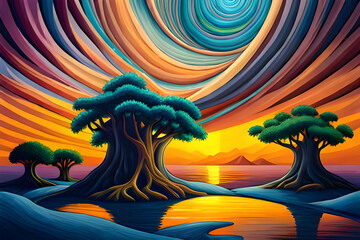 Illustration of a fantasy landscape with a big tree in the middle, starry sky abstract, floral beach, plant, generative ai