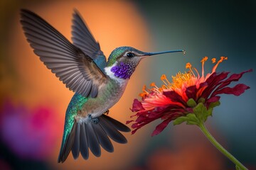 a hummingbird in flight near a red flower while flying