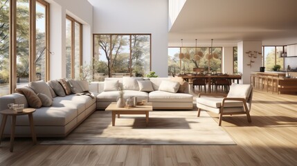 Fototapeta premium Interior design of modern scandinavian apartment, living room and dining room. Created with generative AI.