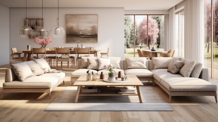 Interior design of modern scandinavian apartment, living room and dining room. Created with generative AI.