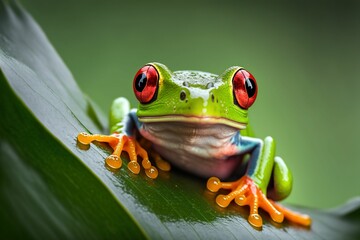 red - eyed frog sitting on leaf with open mouth and large wide eyes
