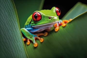a frog with red eyes looking through the middle of a green plant
