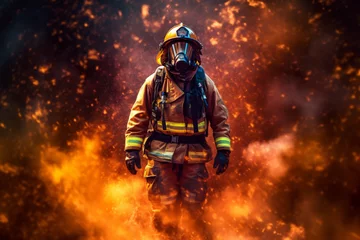 Foto op Plexiglas firefighters in action with fire flames and heavy black smoke  © Kodjovi