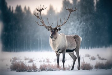a reindeer standing in the snow with very large horns on - obrazy, fototapety, plakaty