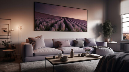 Luxury modern interior design living room. Sofa trend of the year color. lilac.