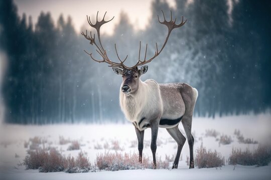 a reindeer standing in the snow with very large horns on