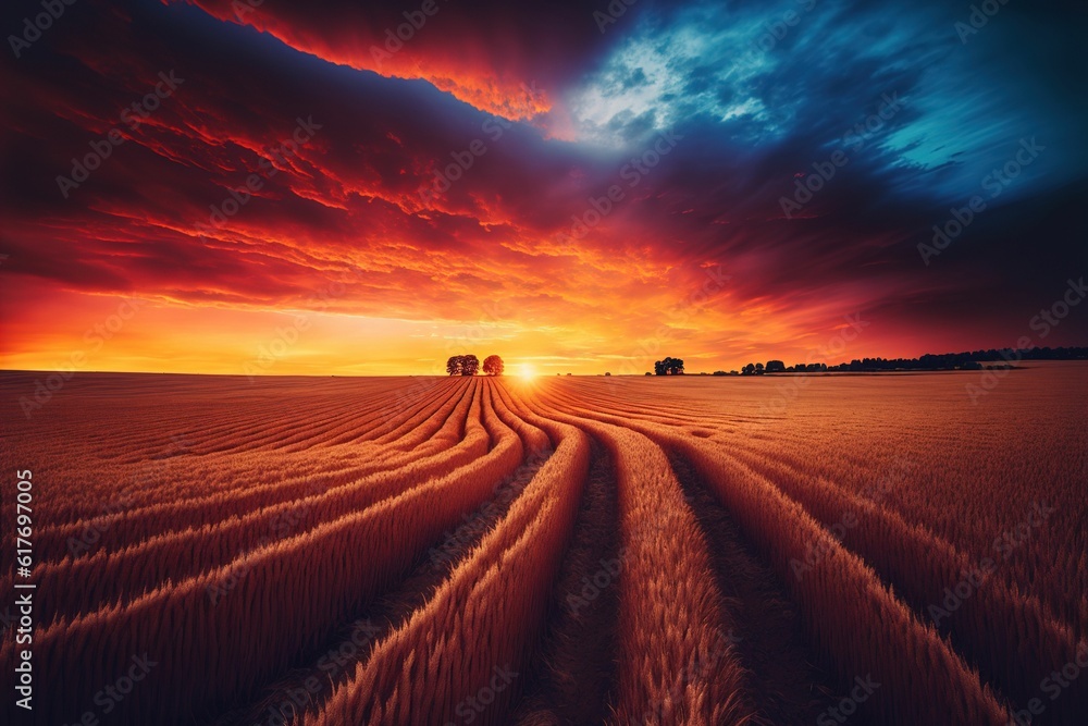 Poster an orange and red sunset over a field with tracks on the ground