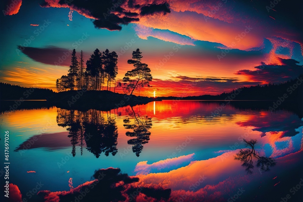 Poster sunset reflection, lake and trees in the sky with clouds above