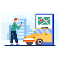 Young man standing outside, holding mobile phone and looking on screen. Online taxi order concept. Order and arrival car by geolocation. Vector flat illustration in blue and yellow colors