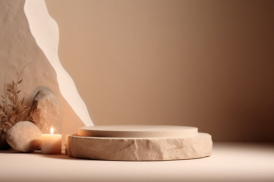 Beige cylinder stone textured podium with elegant burning candle promo showroom interior illustration. Generative Ai