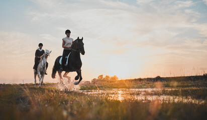 Horse riding, friends and girls in countryside at sunset with outdoor mockup space. Equestrian,...