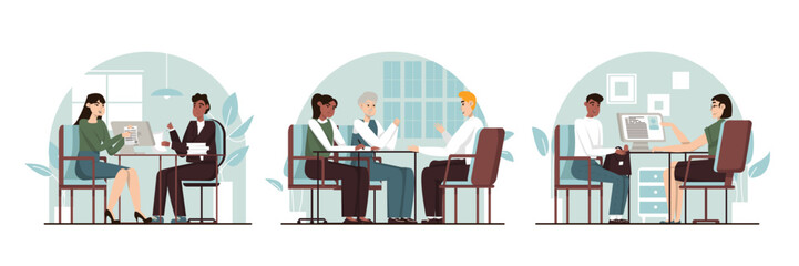 Set of HR managers interviewing job seekers. Multicultural people looking for different office work. Process of talking with candidates. Human resource management concept. Vector flat illustration