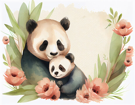 Cute mother and baby panda together with blossom natural flowers and leaves watercolor paint art illustration. Generative Ai