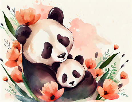 Lovely mother panda hugging cute baby together blossom pink tulip flowers watercolor paint art illustration. Generative Ai
