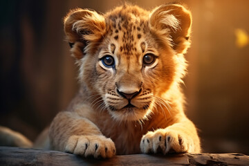 Obraz na płótnie Canvas portrait of a cute lion baby at sunset 
