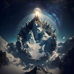 celestial beings plaing with the world lifting a mountain  - obrazy, fototapety, plakaty