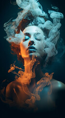 Woman with hyperrealistic smoke abstract portrait fluid surrealism style UHD image fantasy realism illustration. Generative Ai