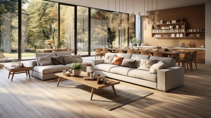 Fototapeta na wymiar Interior design of modern scandinavian apartment, living room and dining room. Created with generative AI.