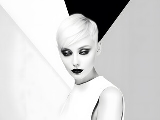 Beautiful blonde woman at monochrome black and white simple minimalistic geometric background illustration. Generative Ai