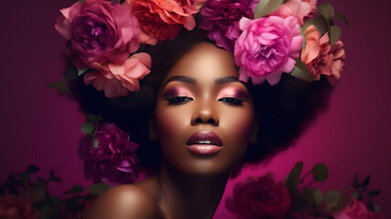 Sensual African beautiful woman trendy makeup portrait pink blossom flowers posing at studio collage illustration. Generative Ai