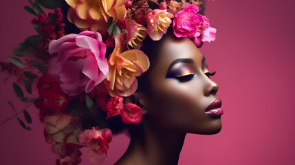 Elegant black woman face bright golden makeup with gentle pink yellow flowers wreath posing at studio illustration. Generative Ai