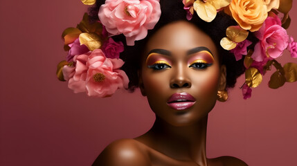Beauty black woman face bright makeup with autumn yellow pink blossom flowers posing studio collage illustration. Generative Ai