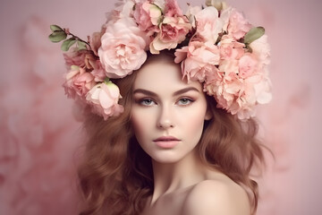 Portrait gentle young woman in pink flowers wreath posing at abstract studio background illustration. Generative Ai