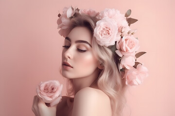 Romantic sensual young female model in gentle pink bloom natural flowers wreath posing at studio illustration. Generative Ai