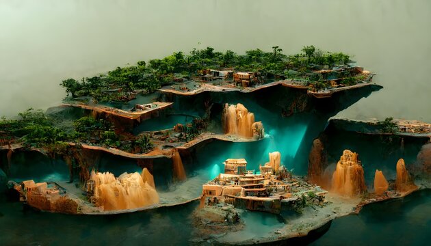 3D miniature diorama floating Aztec city with metal engines Mars landscape sandy red rock waterfall cascades 3D rendering octane render fantasy map interlace extremely detailed Lissajous 4k unreal 
