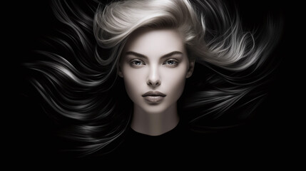 Hairstyle advertising blonde woman portrait waving hair black and white shadow isolated illustration for coiffure. Generative Ai