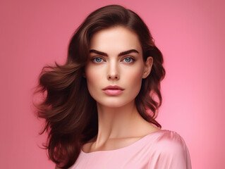 Fototapeta premium Adorable brunette young female model portrait studio photography for beauty marketing illustration. Generative Ai